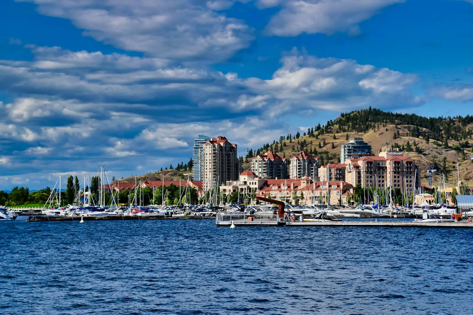 Kelowna waterfront with marina and hillside